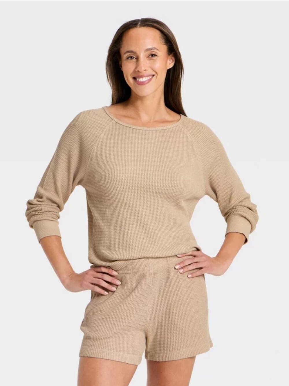 Women's Long Sleeve Waffle Scoop Neck T-Shirt - Universal Thread Tan L